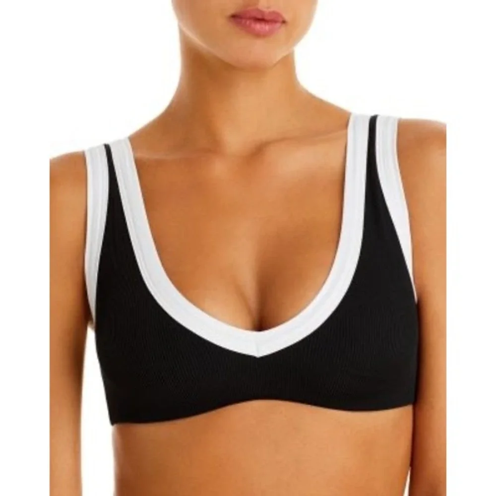 L*Space Lala Ribbed Bikini Top Black White Contrast V-Neck Womens Medium NEW